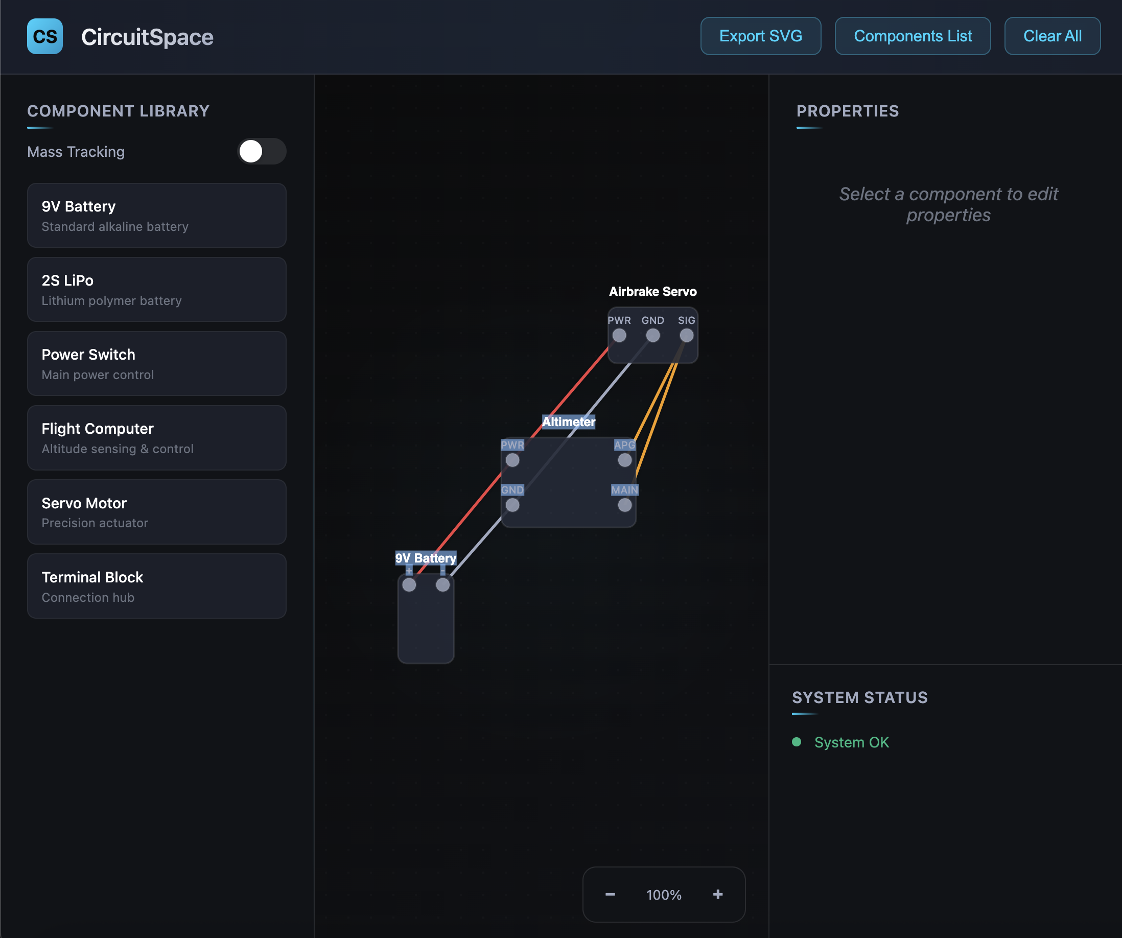 CircuitSpace UI showing our custom circuit planning software for rocket avionics