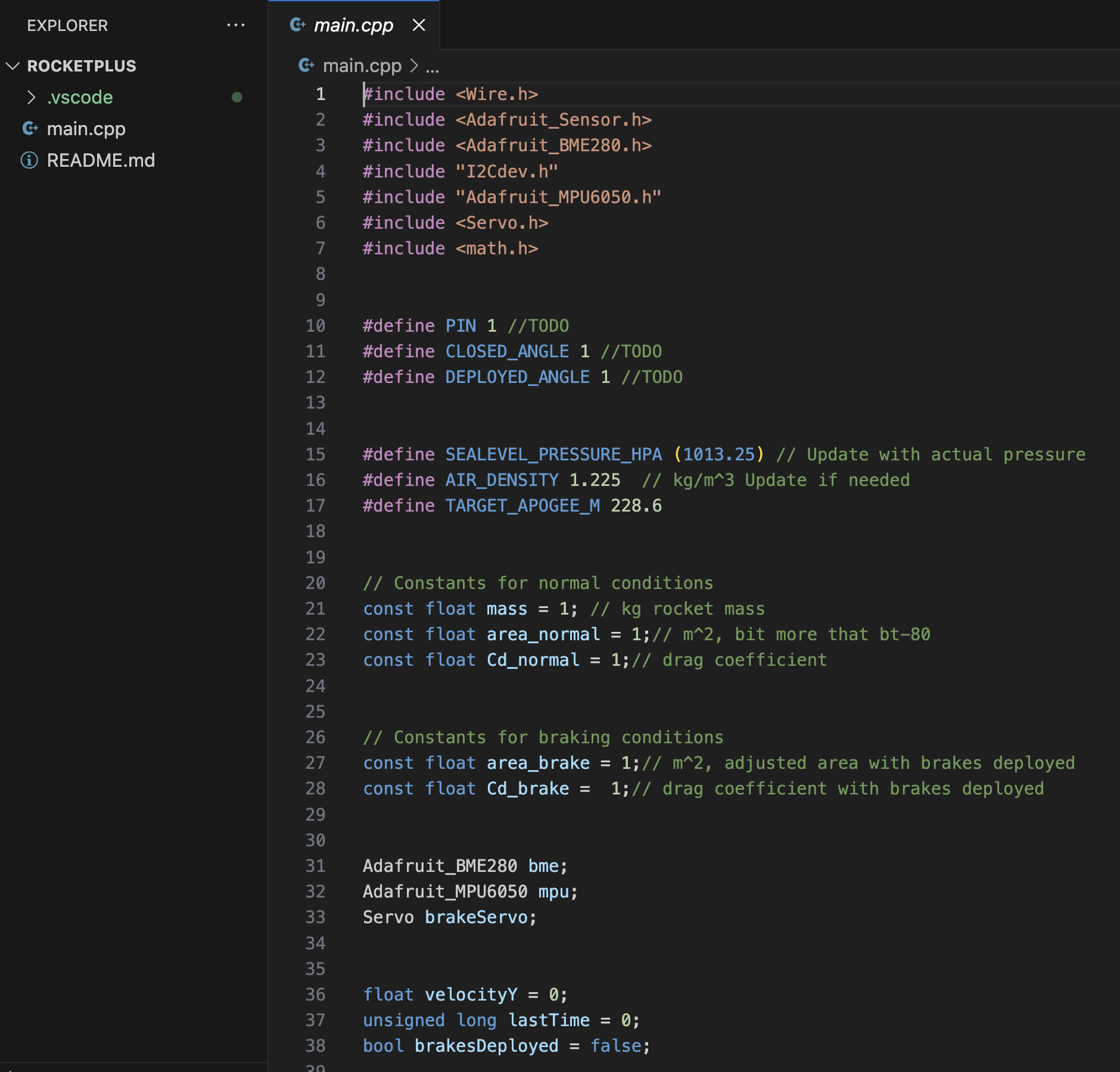 Code editor showing our custom C++ library for rocket control systems
